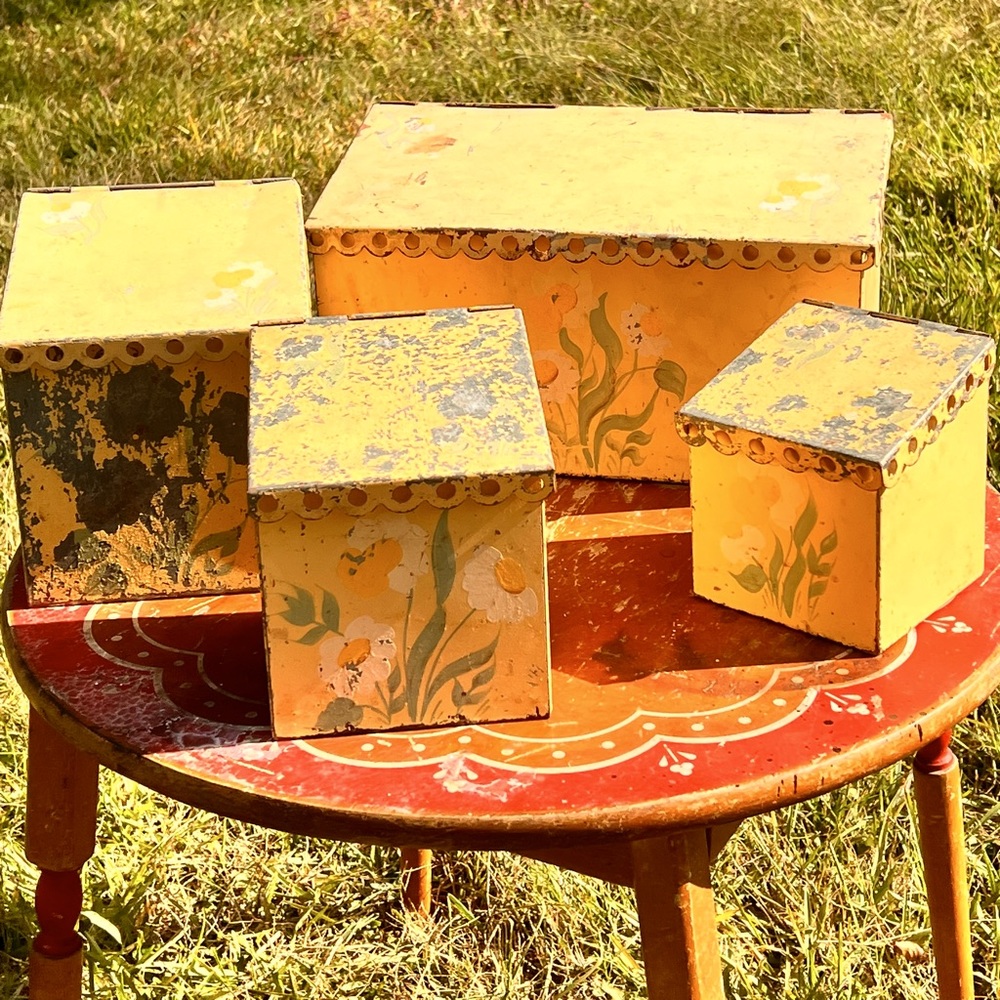 1930’s scalloped lid metal kitchen canisters.